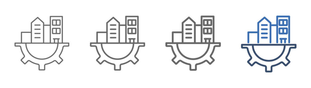 
outline icon set infrastructure with building and gear designs