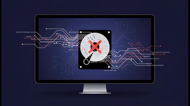 Digital animation of a computer monitor showing a hard drive failure icon with a red cross, symbolizing data loss, corrupted files, system errors, and the need for data recovery or backup