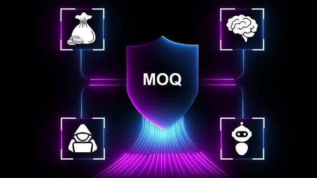 Glowing neon network connecting MOQ business icons handshake phone graph analytics brain gears team people hacker on laptop digital transformation technology concept .4k video animation