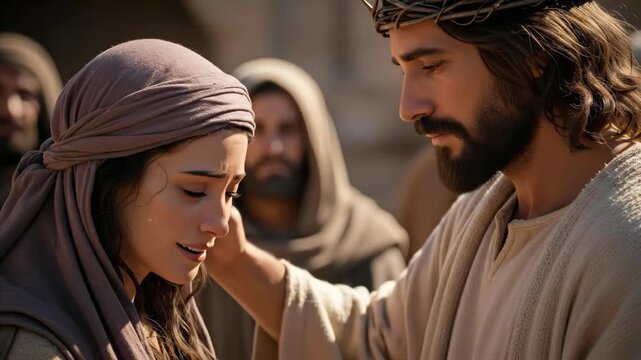 Man healing a woman with a gentle touch. Jesus Christ performing a miracle or blessing someone. Representation of divine power and faith.	
