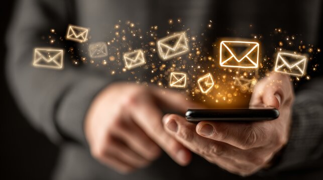 Man receiving multiple emails on mobile phone with glowing envelopes