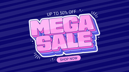 Colorful mega sale advertising banner with playful typography and call to action button.