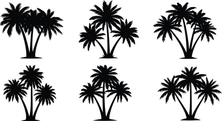 Collection of six black silhouette palm trees on white background