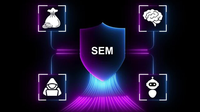 Glowing neon Digital Marketing Cloud S E M Strategy Icons Connected Network Business Growth Teamwork Communication Technology Concept.education communication finance and global reach.
