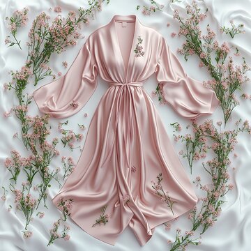 Soft pink satin robe arranged in a flat lay style. Feminine and elegant loungewear concept representing comfort, luxury, and self-care lifestyle.