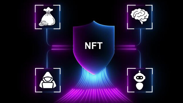 glowing neon N F T cloud network connecting business handshake communication growth technology hacker and team icons digital concept neon glow on black background. 4k video animation