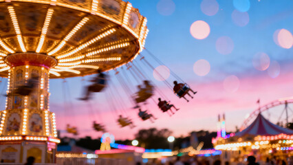 Vibrant bokeh lights and blurred Ferris wheel against a twilight sky. Dreamy carnival backdrop with colorful illumination 