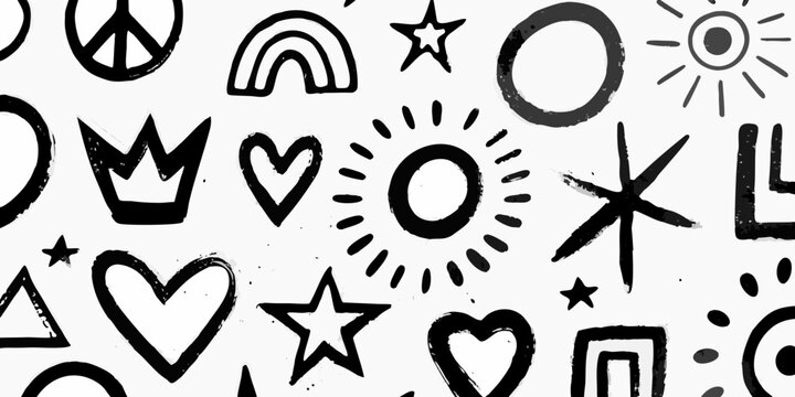 Whimsical black and white doodle pattern with celestial and playful shapes