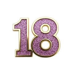 Gold outlined number eighteen with pink glitter isolated on a transparent background