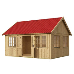 Wooden shed with red roof and open doors isolated on a transparent background