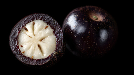 Ripe jabuticaba cut open white pulp glossy dark purple skin fruit closeup