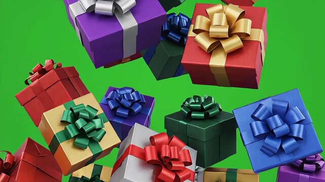 Gift boxes fall on green screen