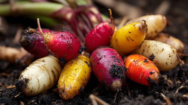 Freshly dug oca tuber harvest with colorful red yellow orange and white roots covered soil, earthy garden produce with natural texture and organic