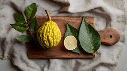 Buddha hand citron and lemon half on wooden cutting board with green leaves, rustic still life composition evoking fresh citrus aroma