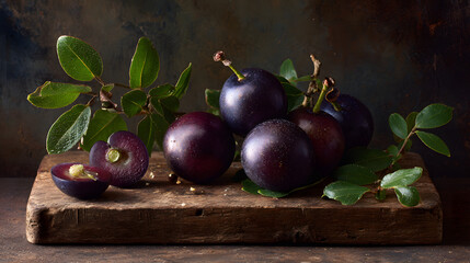 Ripe purple plum on rustic wooden board with green leaves and moody lighting evoking calm still life composition