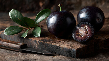 Ripe black plums on rustic wooden board with water droplets and green leaves, moody still life evoking natural freshness and texture