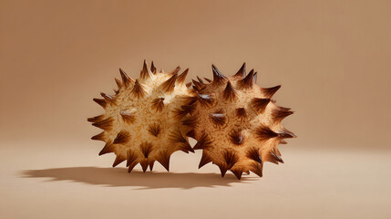 Spiky seed pods on warm cream background with soft shadow, natural texture and symmetrical composition conveying organic autumn mood