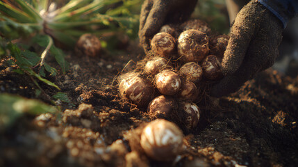 Garden harvest of knobby sunchoke tuber cluster held by gloved hands in soil, warm late afternoon light and earthy texture