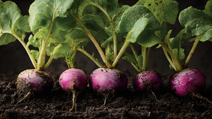 Watermelon radish root with leafy green top growing in dark soil, fresh morning dew and earthy texture, vibrant pink and green produce