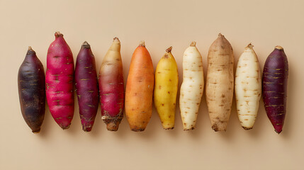 Assorted colorful sweet potato tubers arranged in row on neutral background conveying natural harvest and rustic produce