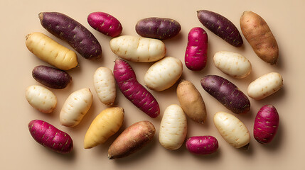 Assorted tuber purple tuber white tuber yellow tuber pink tuber sweet potato root vegetable harvest beige background food styling