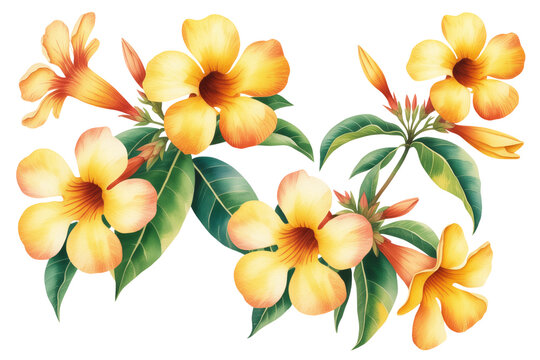 Tropical Allamanda Flowers Watercolor Illustration Isolated on Transparent Background