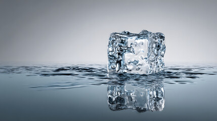 Melting ice cube on reflective water surface illustrating flood risk and climate concept with cool tones and dramatic lighting