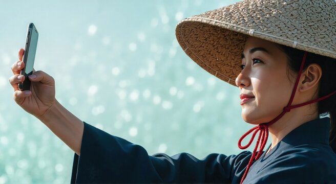Asian woman wearing kasa hat taking selfie with smartphone &mdash; ideal for travel, technology and outdoor lifestyle content.