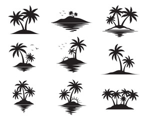 Fototapeta premium Palm tree silhouette icon set. Tropical island sunset logo collection. Black isolated vector illustration.