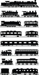Collection of vintage steam locomotive silhouettes and classic railway train carriages isolated on white background, retro transportation icons, industrial history illustration set