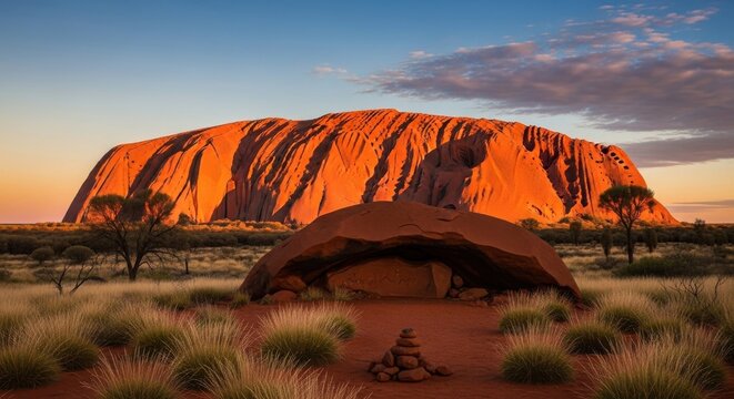 Stunning red rock formation at sunset in Australian outback landscape