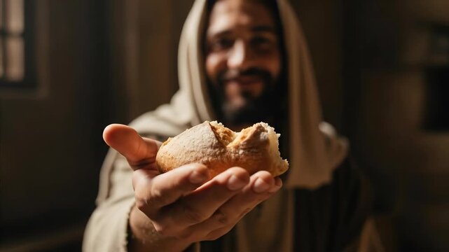 Jesus breaks bread with his hands. The religious concept of the sacrament of the Eucharist. Christian faith, Holy Communion, a symbol of communion.	

