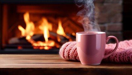 Fototapeta premium Pink Mug With Steaming Hot Coffee And Knitted Sweater On Wooden Table Against Fireplace Background