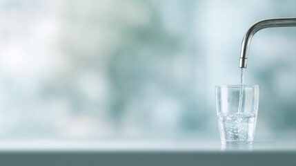 Filling glass with clean drinking water from kitchen faucet safe tap water concept minimal kitchen background realistic photo © Firadoaw