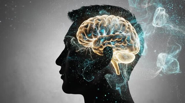 Digital chaos and information overload causing a man's brain to explode from stress and burnout, visualizing mental health issues, with a final moment of clarity and reorganization of thoughts