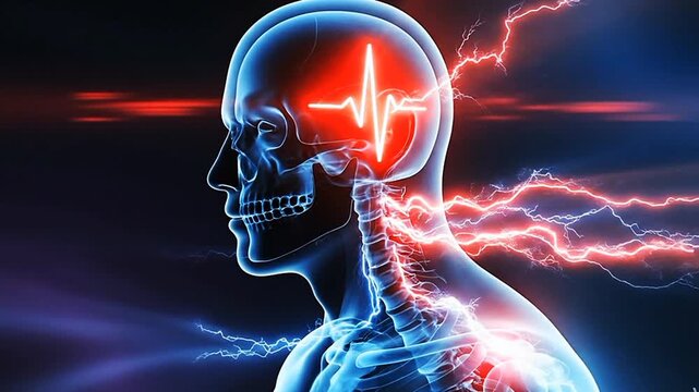Skull Injury and Pain Signal Visualization &ndash; Medical Animation Showing Head Trauma, Nerve Response, and Joint Stress | Futuristic X-Ray Anatomy, Clinical Educational Visual