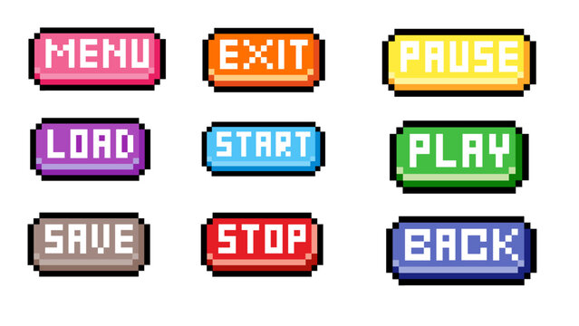 Colorful pixel art game interface buttons in retro 8-bit style. Essential commands like start, menu, play, and pause for nostalgic gaming or digital design projects