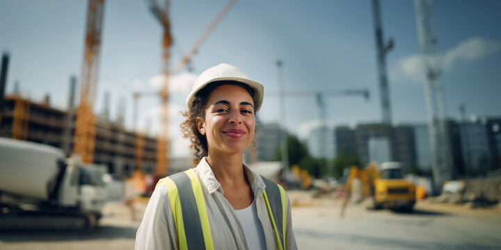 A close-up portrait of a smiling young Caucasian woman in a white safety helmet and yellow vest. The background shows a busy construction site with workers and heavy machinery.