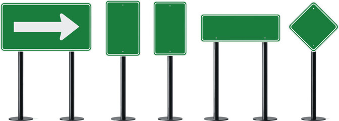 Fototapeta premium Set of blank green road signs on metal poles including directional arrow, rectangle, square, and diamond shapes
