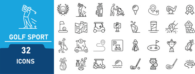 Golf Sport Line art  Icons Set . Contains icon related to Golf Equipment, Player, Course, Club, Cart, Trophy and Tournament Symbols more.Editable Stroke. Vector Illustration © PixiLine