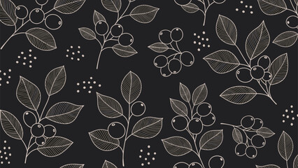Seamless floral pattern featuring hand-drawn style berries and leaves in white on a dark charcoal background for fabric or wallpaper.