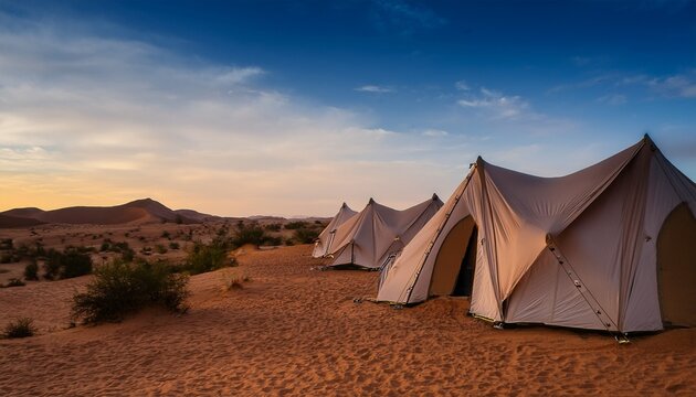 Modern Eco Friendly Tents On Desert Landscape At Dusk