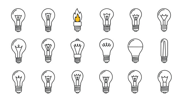 Collection of different light bulb icons including one with a flame representing ideas innovation and energy concepts.