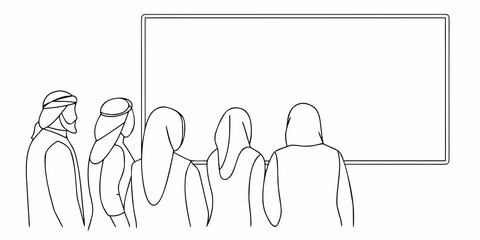 Minimalist line drawing of people facing a blank whiteboard