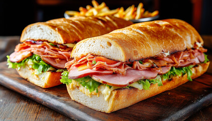 Delicious sandwiches with bacon, lettuce, and fries on a wooden board