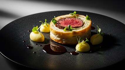 Gourmet Beef Wellington on Black Plate.