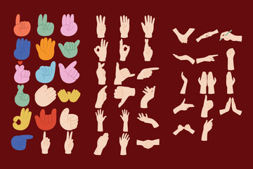 Set of colorful hand gestures and various human hand signs collection