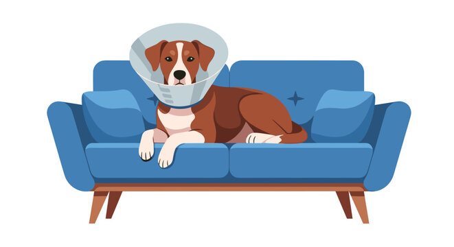 Dog wearing cone relaxing on blue sofa in cozy indoor setting  