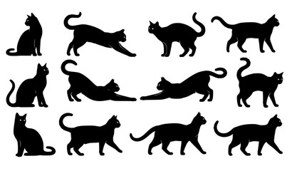 Obraz premium Black Cat Silhouette Vector Set in Sitting and Standing Poses Isolated on White