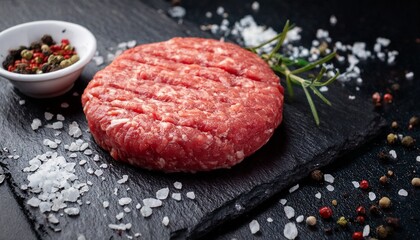 Fresh Raw Ground Beef Burger Patty With Salt And Spices